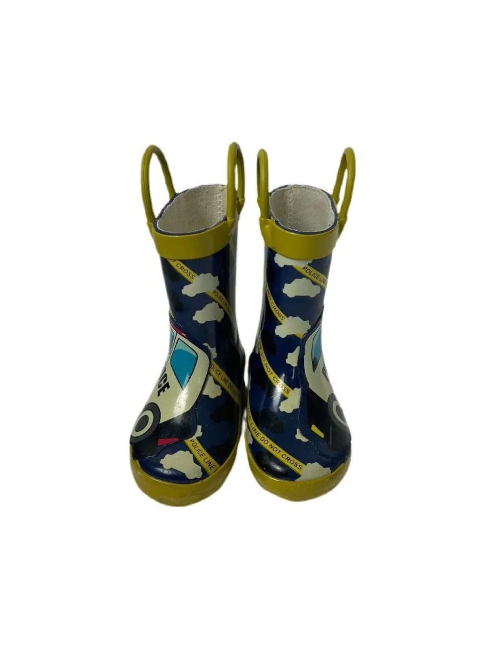 Kids Rain Boots Police Car Pattern Blue/Yellow Pull-On Handles Rubber Size 5